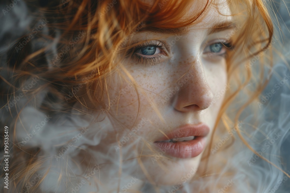 Poster wispy strands of hair intermingle with patterns of smoke, suggesting movement against a gradient bac