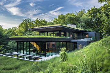 Fototapeta na wymiar A modern house with a green roof, blending harmoniously with its natural surroundings.