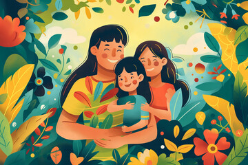 Happy family in the garden. Mother, father, daughter and son. illustration. Global Day of Parents 1 June.