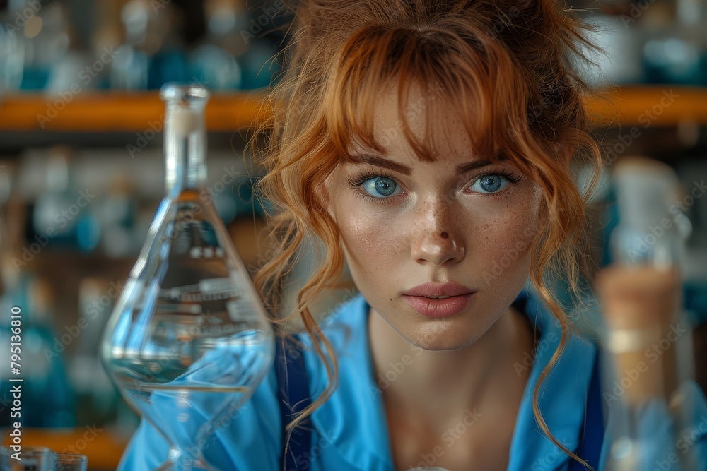 Poster the image captures a laboratory scene where a scientist analyzes a chemical in a large flask, reflec