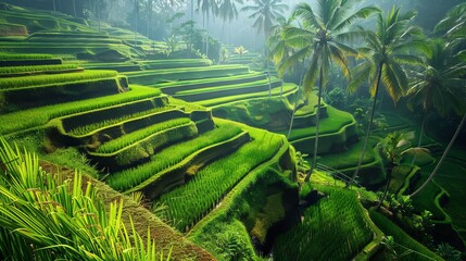 A tranquil Balinese rice terrace with lush green paddies and palm trees