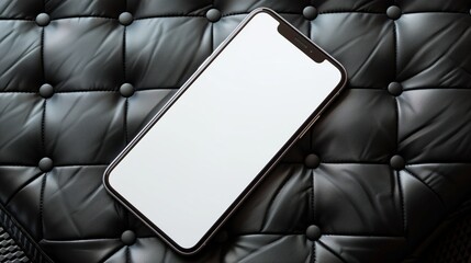 Smartphone in white screen for mock up on Close-up texture of genuine leather with black rhombic. Advertisement, promotion mockup or app presentation, promotion concept.
