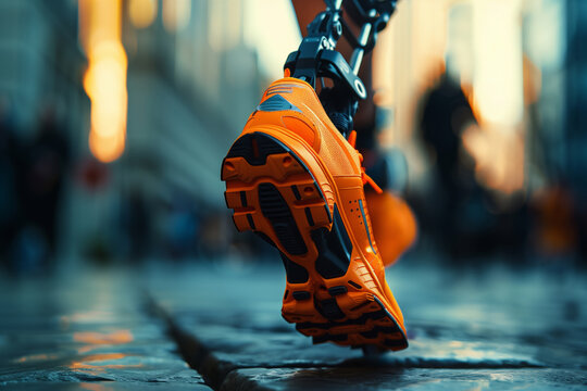 Portrait of person with prosthetic leg running in a park - Powered by Adobe