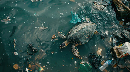 Obraz premium turtle swimming among garbage in a lake where people have thrown rubbish