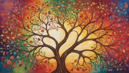 Artistic depiction of the Tree of Life with vibrant colors. Symbolic representation of growth and connection.
