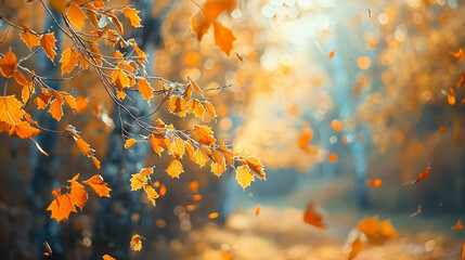 Trees with yellow leaves in autumn forest.  - obrazy, fototapety, plakaty