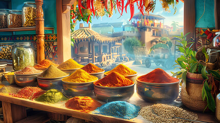 Spices being ground in a traditional mill, vivid colors, aromatic environment - (1) - obrazy, fototapety, plakaty