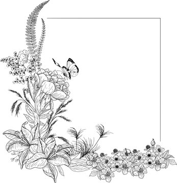 Hand drawn peony rectangle frame Illustration with lilies, cherry blossom, grasses, butterfly, leaves and branches.