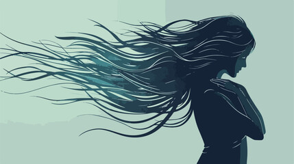 Silhouette of young woman with flying hair. Strong 