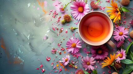 A Cup of Tea Surrounded by Daisies and Leaves - obrazy, fototapety, plakaty