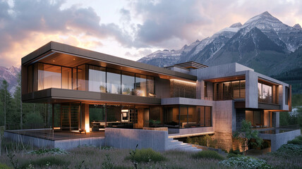 A modern mansion with a striking architectural design, featuring a mix of concrete, glass, and wood elements, set against a backdrop of rugged mountain peaks.