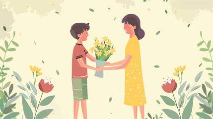 Small Boy gives bouquet of spring flowers to adult 
