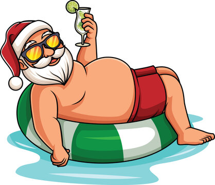 recommend clip art: Cartoon summer santa claus on inflatable float vector illustration