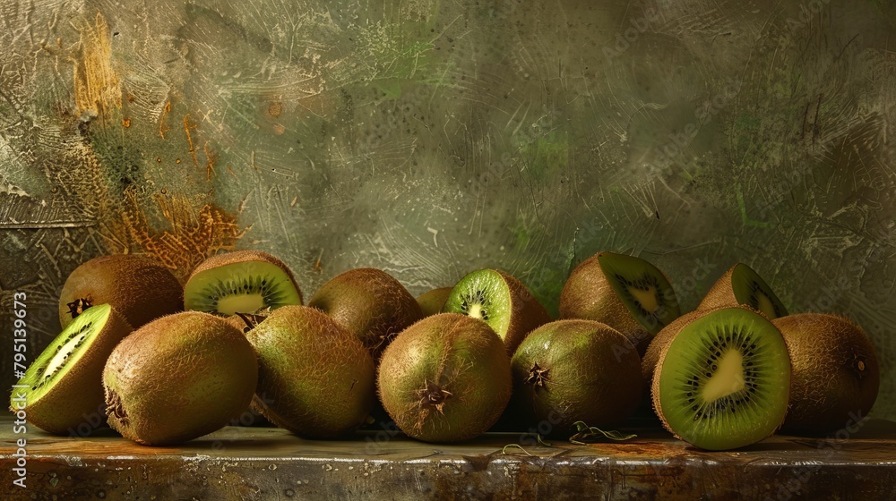 Poster artistic arrangement of ripe kiwis creating an intriguing studio composition