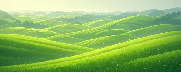Fotobehang A green landscape of rolling hills, digital artistry. The undulating curved hills are bathed with soft lighting that casts gentle shadows on their surfaces.  © Photo And Art Panda