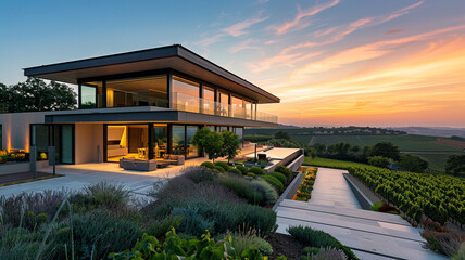 A modern villa with a dramatic cantilevered roof and floor-to-ceiling windows, offering stunning views of the surrounding vineyards at sunset. - obrazy, fototapety, plakaty