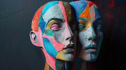 Twins carved in wood and painted with bonded acrylic colors on black background 3d, 8k