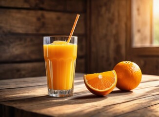 Glass of freshly pressed orange juice on a wooden table