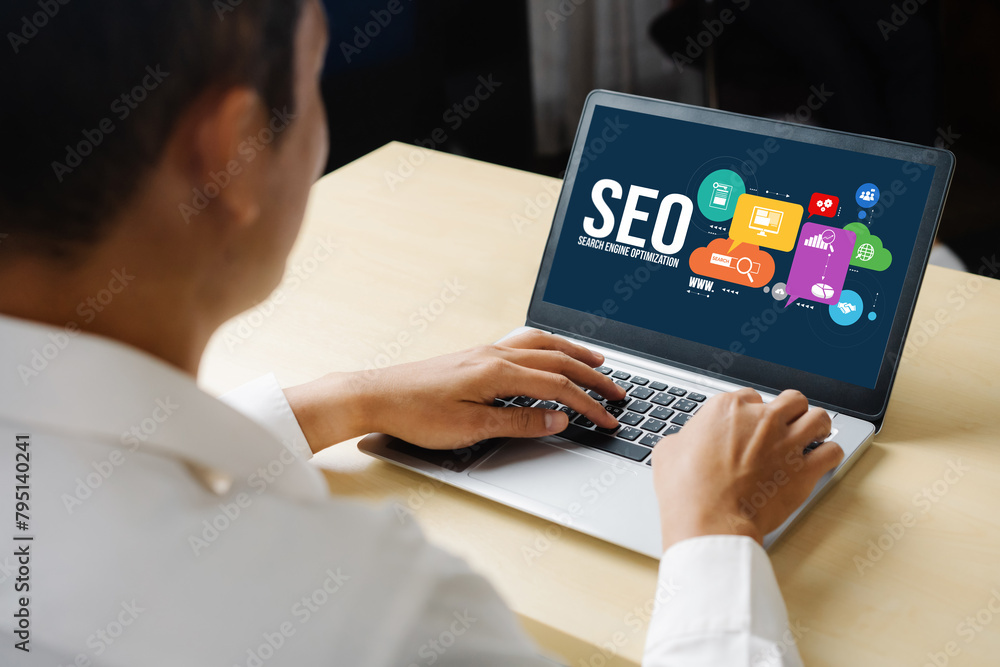 Aufkleber seo search engine optimization for modish e-commerce and online retail business showing on computer 