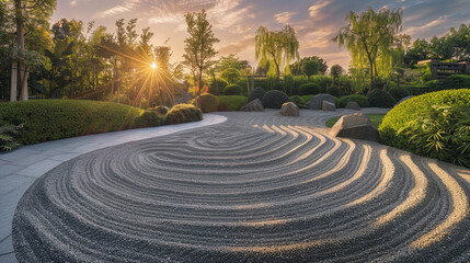 Fototapeta na wymiar A tranquil Zen garden, its raked sand imbued with the subtle gradient of twilight, offering a sanctuary for quiet contemplation and inner peace.