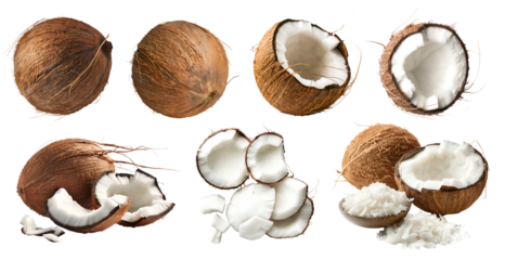 Coconut coconut fruit, many angles and view side top front group sliced halved cut isolated on transparent background cutout, PNG file. Mockup template for artwork graphic design