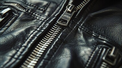 Close up of black leather jacket with zipper