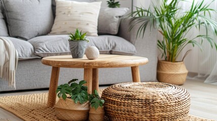 A living room with a wooden coffee table and a potted plant