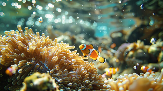 A small orange and white fish swims in a sea of green anemones
