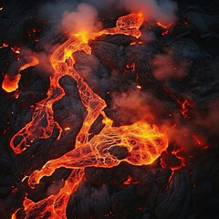 Aerial view of lava flowing from volcano, creating fiery landscape