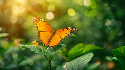 Fototapeta na wymiar View of beautiful orange butterfly on green nature 
