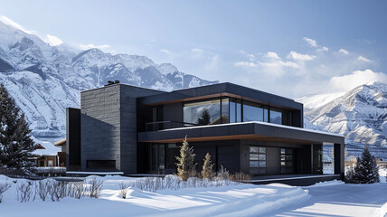 Fototapeta na wymiar A sleek and contemporary residence with a black facade and minimalist landscaping, set against a backdrop of snow-covered mountains glistening in the sunlight.