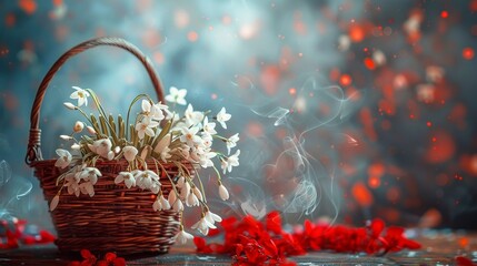 Bouquet of snowdrops in a wicker basket on a dark background