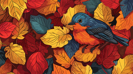 A childs drawing pattern of a birds in the autumn leaf