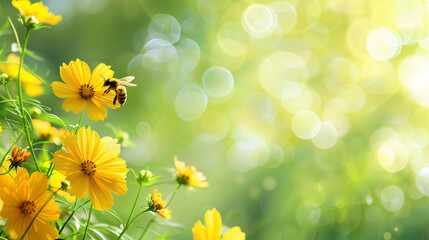View of honey bee with yellow Cosmos flower on blurred background