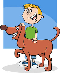 happy cartoon boy character with his pet dog