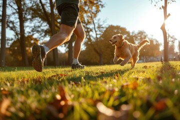 Man running with her dog in park mammal animal pet. - obrazy, fototapety, plakaty