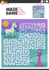 maze game with cartoon unicorn and witch fantasy characters