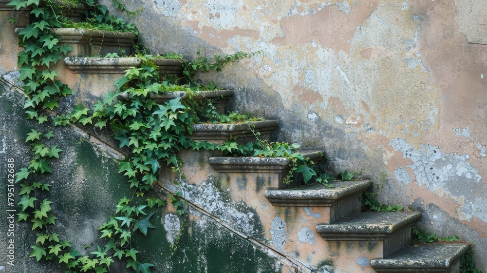 Poster close-up of a staircase with ivy creeping up the walls, blending architecture with nature