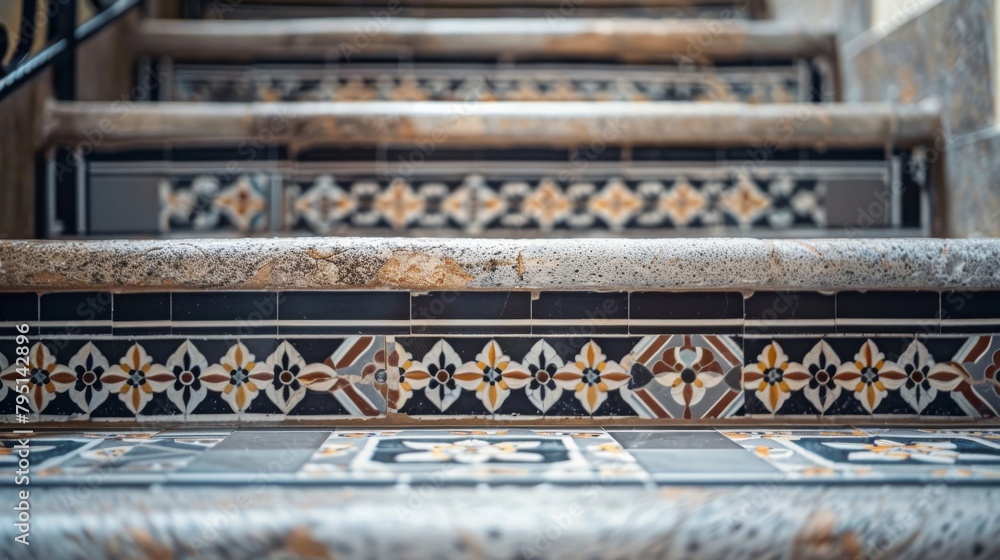Poster close-up of a staircase with mosaic tile patterns, adding visual interest to the space