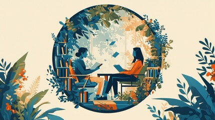 A flat illustration depicts two people sitting in chairs, having an interview with each other inside a circle.