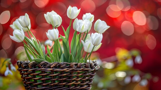 White tulips in a basket on a red bokeh background