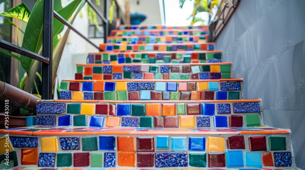 Poster close-up of a staircase with mosaic tile risers, adding a pop of color to the space