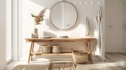 Bright and cozy Scandinavian entryway featuring natural wood bench, round mirror, and minimalist decor