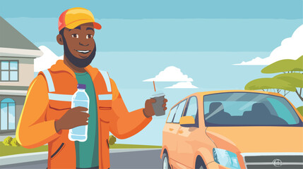 African-American delivery man with bottle of water