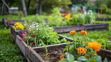 Close-up of a thriving community garden with raised beds and flowers