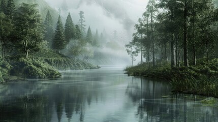Fototapeta na wymiar A tranquil river winding its way through a misty forest, the still waters reflecting the towering trees that line its banks.