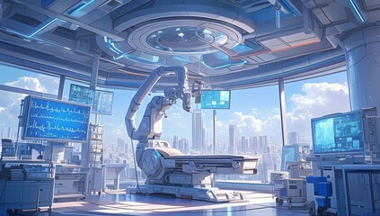 A futuristic hospital operating room with robotic arms and medical equipment, symbolizing the integration of AI in healthcare.
