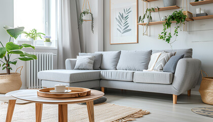 Interior of light living room with cozy grey sofa and wooden coffee table