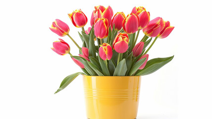 Beautiful tulip flowers in yellow pot can on white background with wide copy space