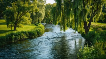 Obraz premium A tranquil river winding its way through a picturesque countryside, its banks lined with willow trees that sway in the breeze.